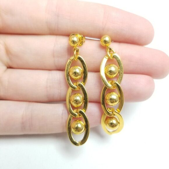 Vintage Gold Tone Link Chain Dangle Earrings, Retro Design, Estate - Picture 1 of 4